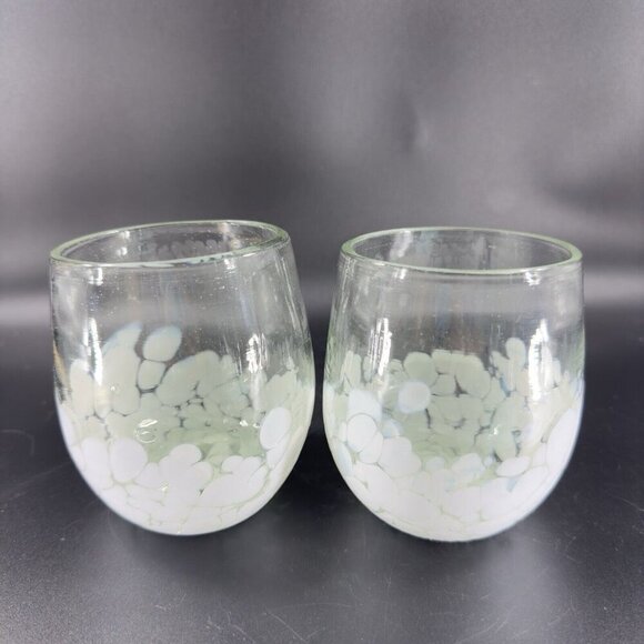 Hand Blown Glass Set 2 Stemless Tumblers Drinking Glasses Cups Clear White Spots - Picture 10 of 13